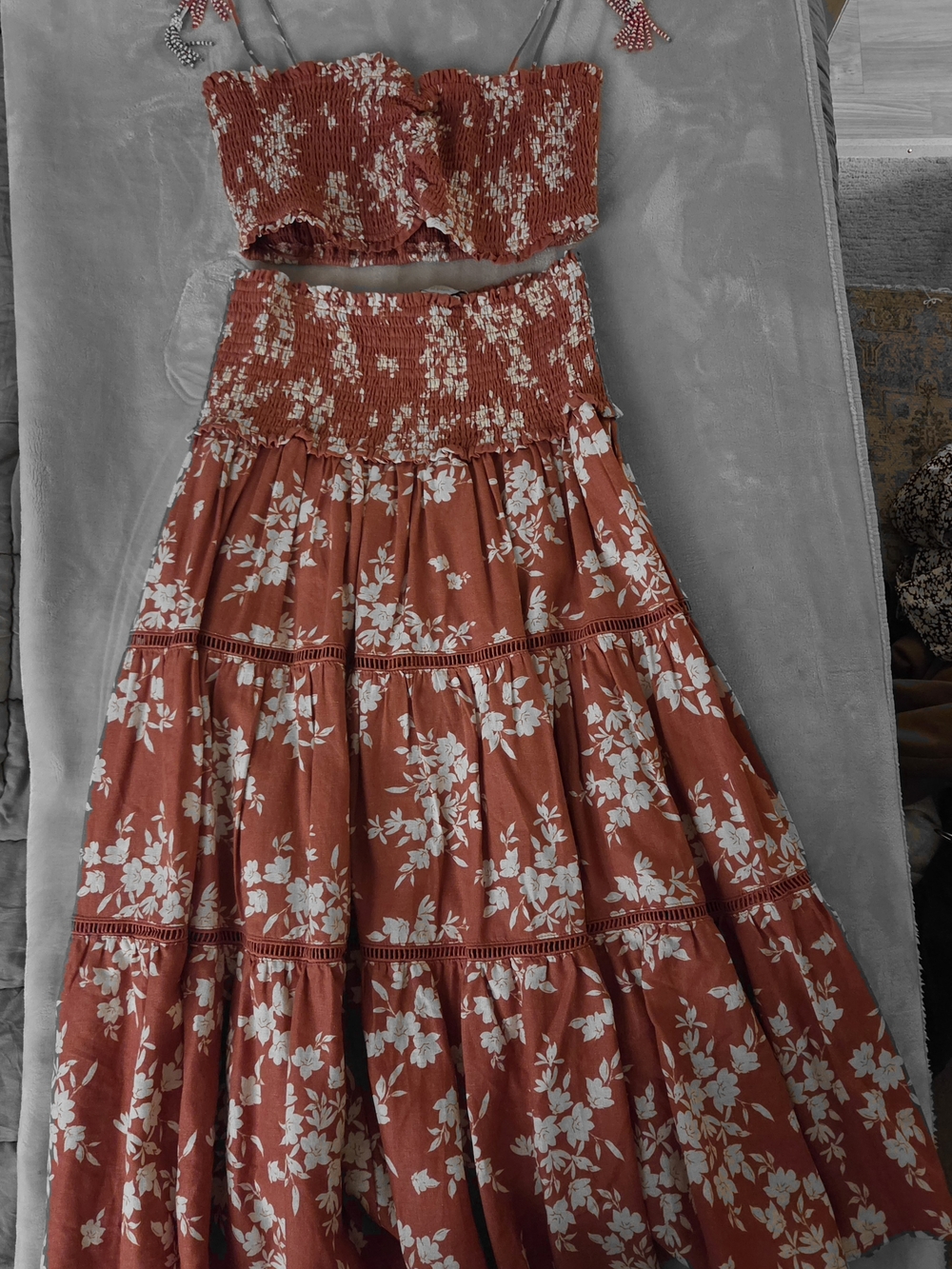House of Harlow 1960 Rust Floral Tiered Maxi Skirt